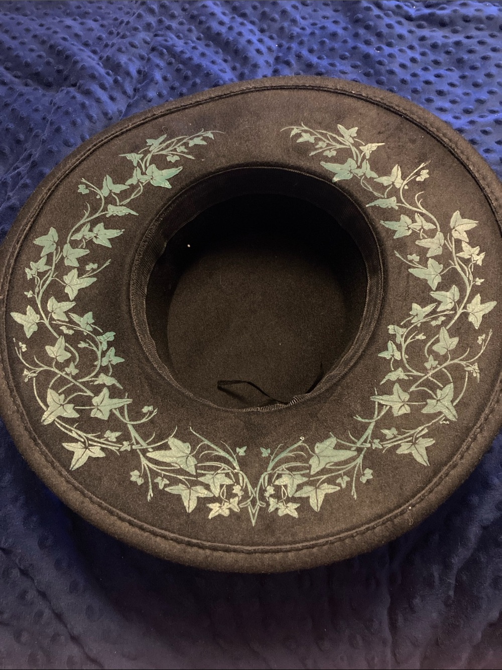 Widow Black Hat with Green Ivy Embroidery